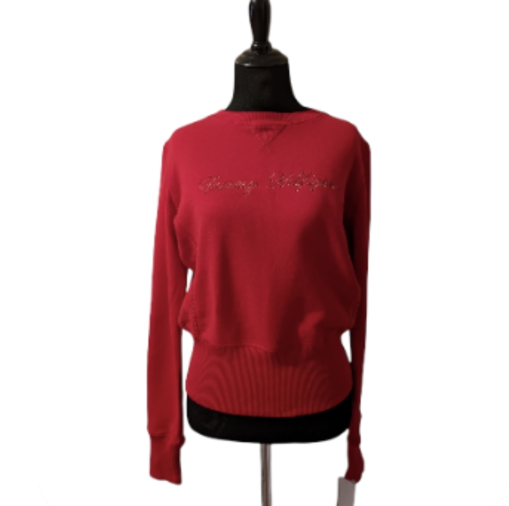 NEW Tommy Hilfiger Logo Red Sweater Sweatshirt Crystal rhinestones Small $49